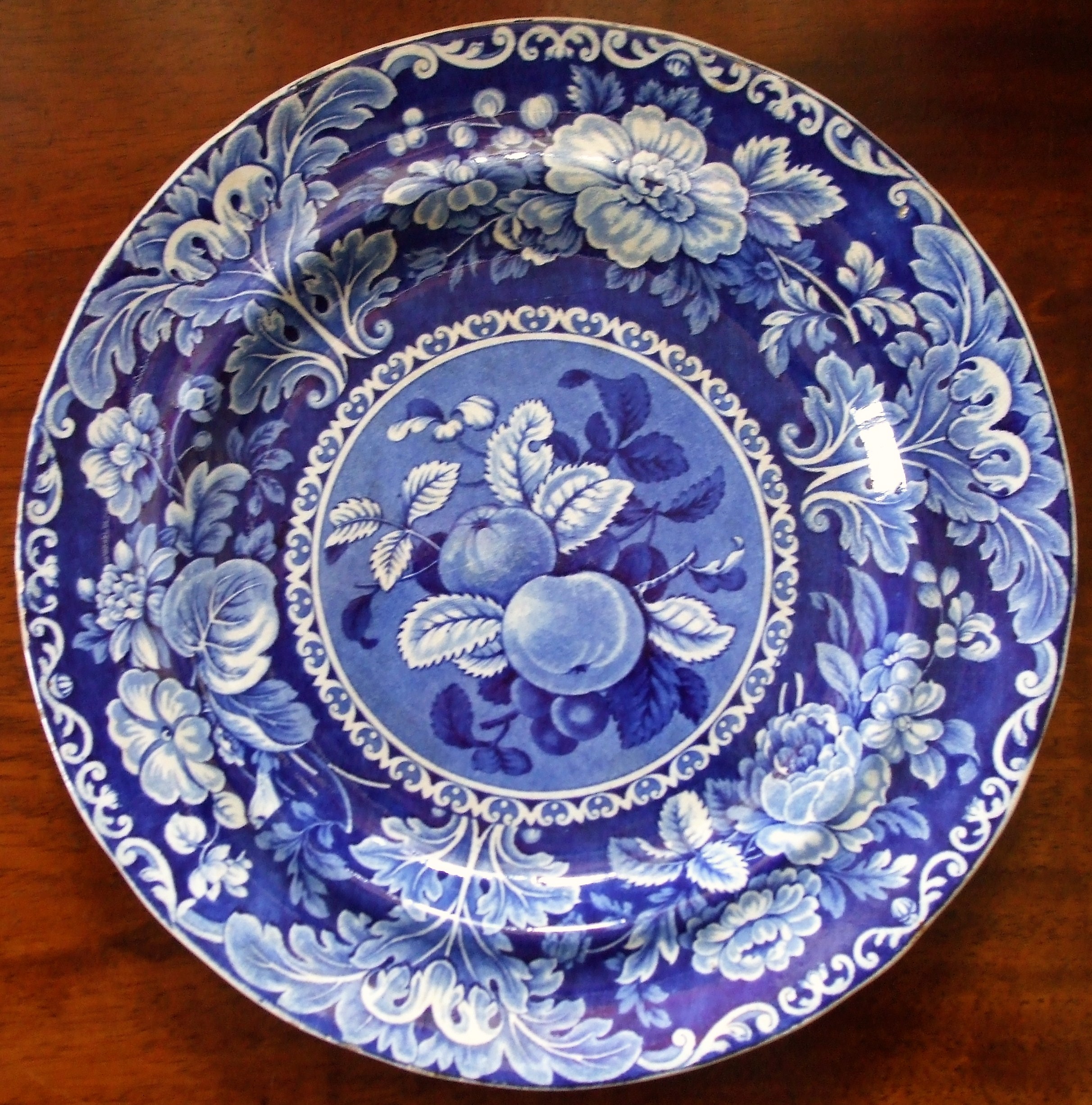 Antique English Georgian Blue & White Transfer Plate ~ "Peach & Cherry" ~ Stubbs & Kent